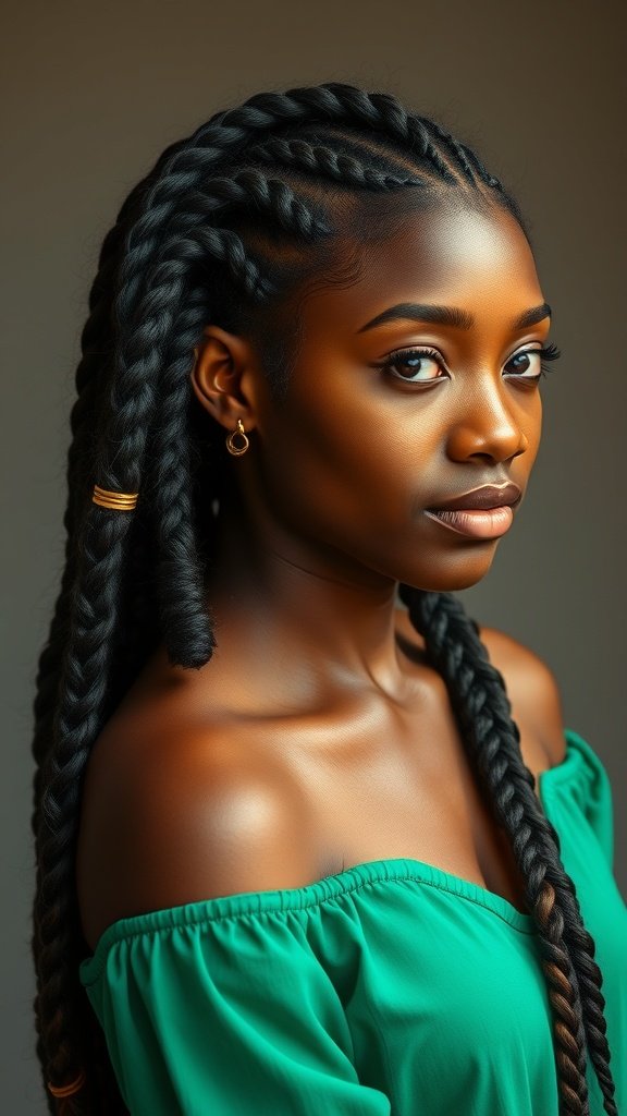 A woman with lemonade braids styled elegantly, showcasing the beauty of natural hair.