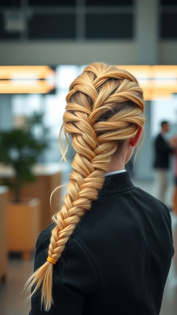 A close-up view of a sleek lemonade braid styled in a professional setting.