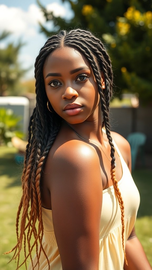 A woman with lemonade braids styled in a side part, showcasing a blend of black and blonde colors, set against a sunny outdoor background.