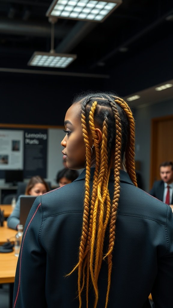 A woman with lemonade braids styled to the side, showcasing a professional look in an office setting.