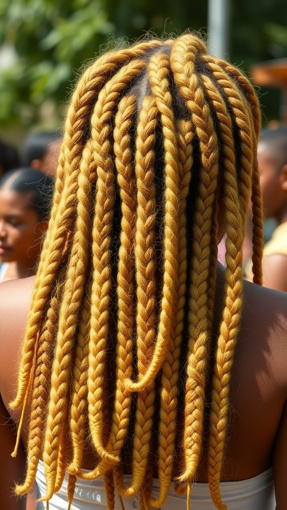 A person with long blonde lemonade braids styled in a vibrant and eye-catching manner.