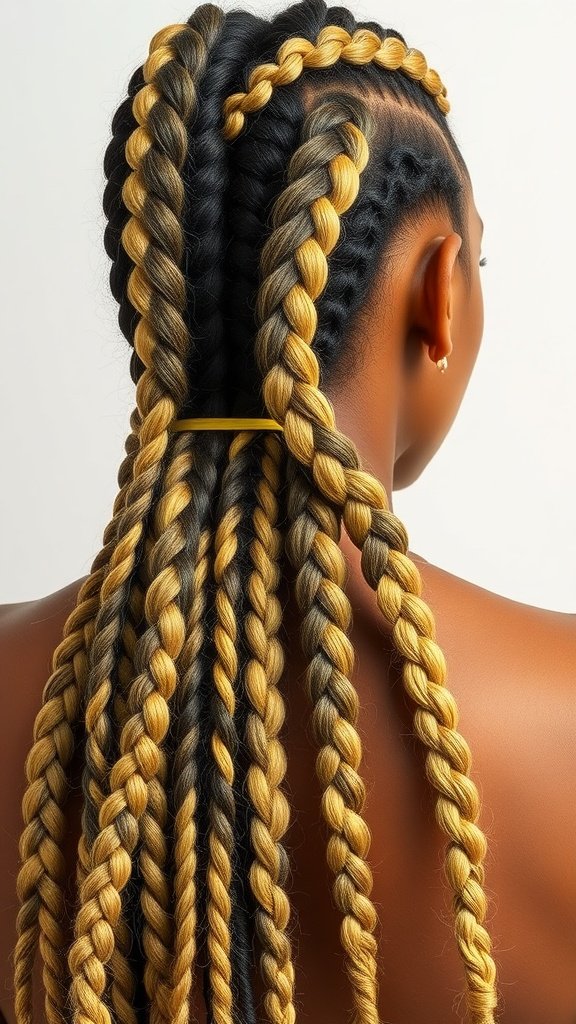A close-up of lemonade braids showcasing a mix of blonde and black colors, styled to the side.