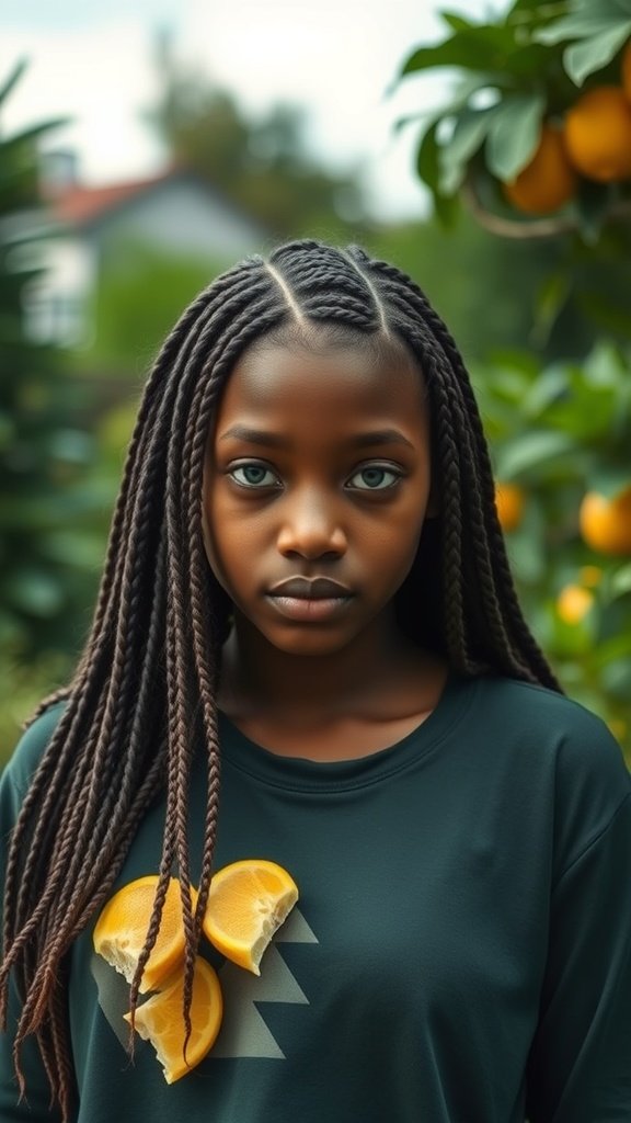 A young girl with lemonade braids styled to the side, surrounded by orange trees.