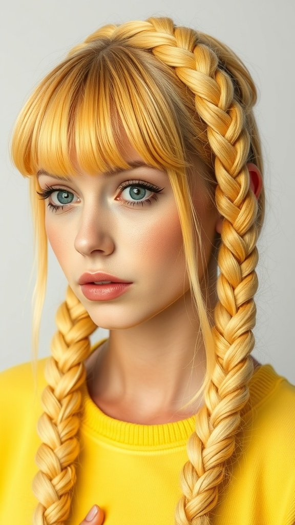 A woman with lemonade braids and bangs, showcasing a stylish hairstyle.
