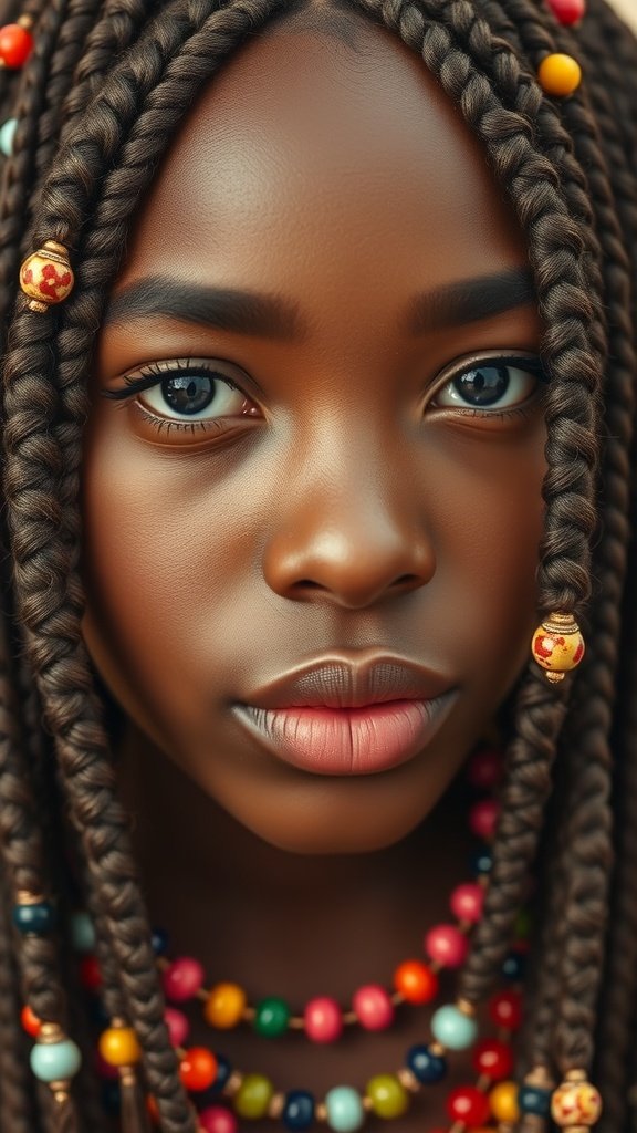 A close-up of a girl with lemonade braids adorned with colorful beads, showcasing a unique and stylish hairstyle.