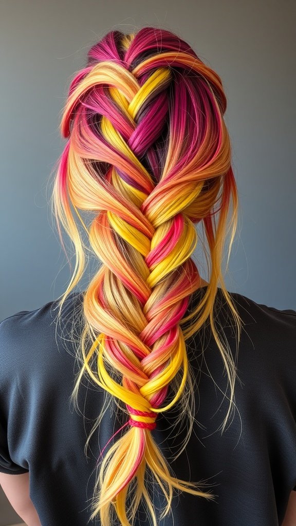 A person with colorful lemonade braids featuring pink, yellow, and black ombre.