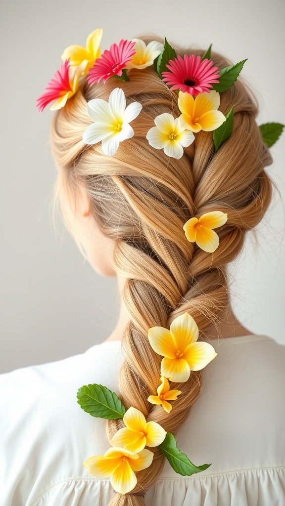 A woman with lemonade braids adorned with colorful flowers and leaves.