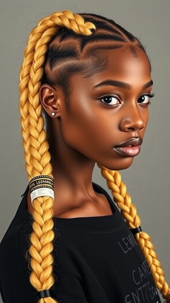 A close-up of a person with lemonade braids styled in a vibrant yellow color, featuring hair cuffs for added flair.