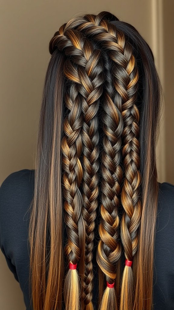 A close-up of beautifully styled lemonade braids with hair extensions, showcasing intricate patterns and vibrant colors.