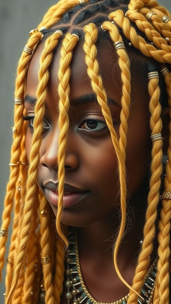 Close-up of a person with lemonade braids adorned with hair jewelry, showcasing a vibrant and stylish look.