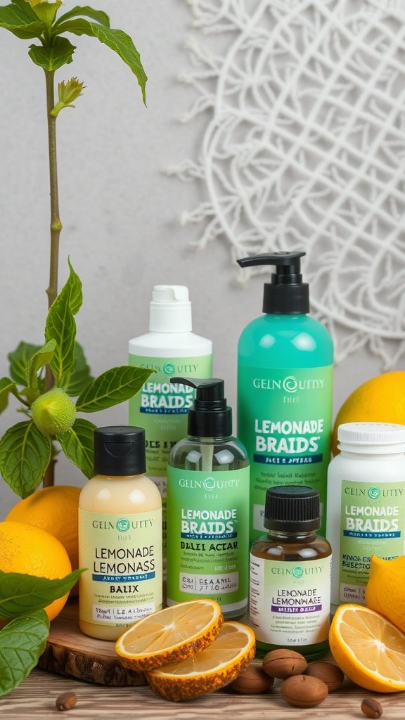 Natural hair products for lemonade braids with lemons and leaves