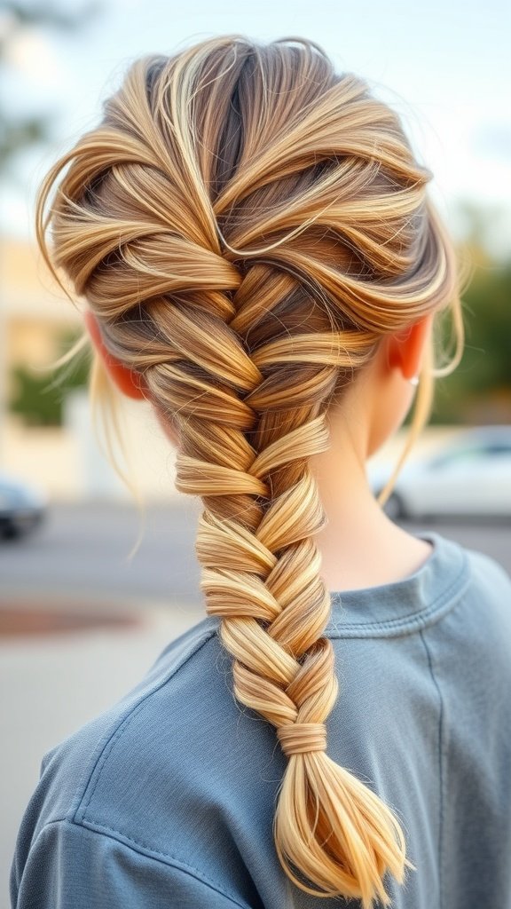 A close-up view of a braided hairstyle featuring lemonade braids with a side part, showcasing intricate patterns and a stylish finish.
