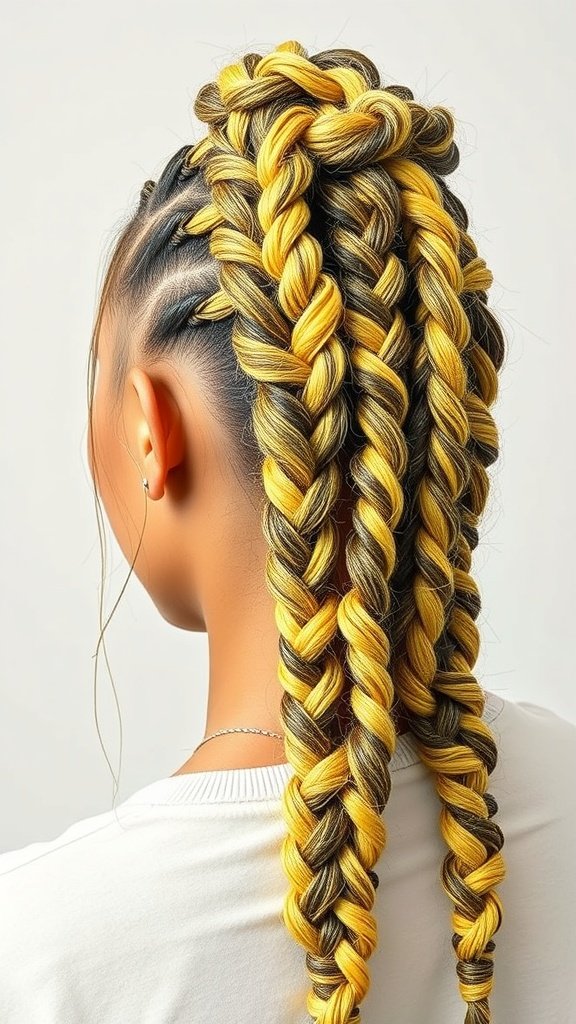 A close-up of a woman's back showing vibrant lemonade braids with twists, showcasing a unique hairstyle.