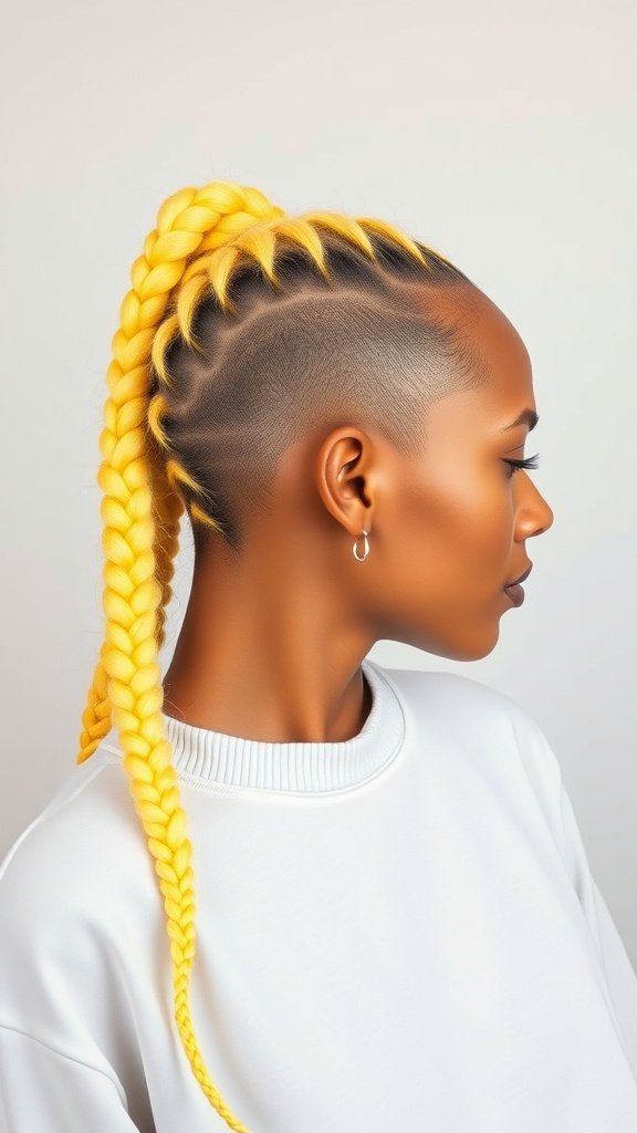 A woman with vibrant yellow lemonade braids styled in a high ponytail with an undercut.