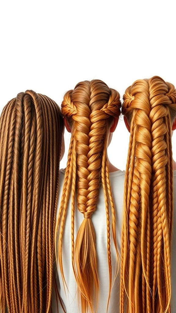 Three variations of ginger knotless braids in different lengths.