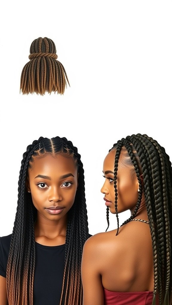 Short bohemian knotless braids displayed on a model, showcasing different styles and lengths.