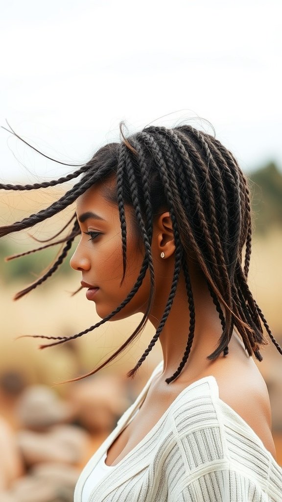 A woman with short bohemian knotless braids, showcasing a breezy hairstyle.