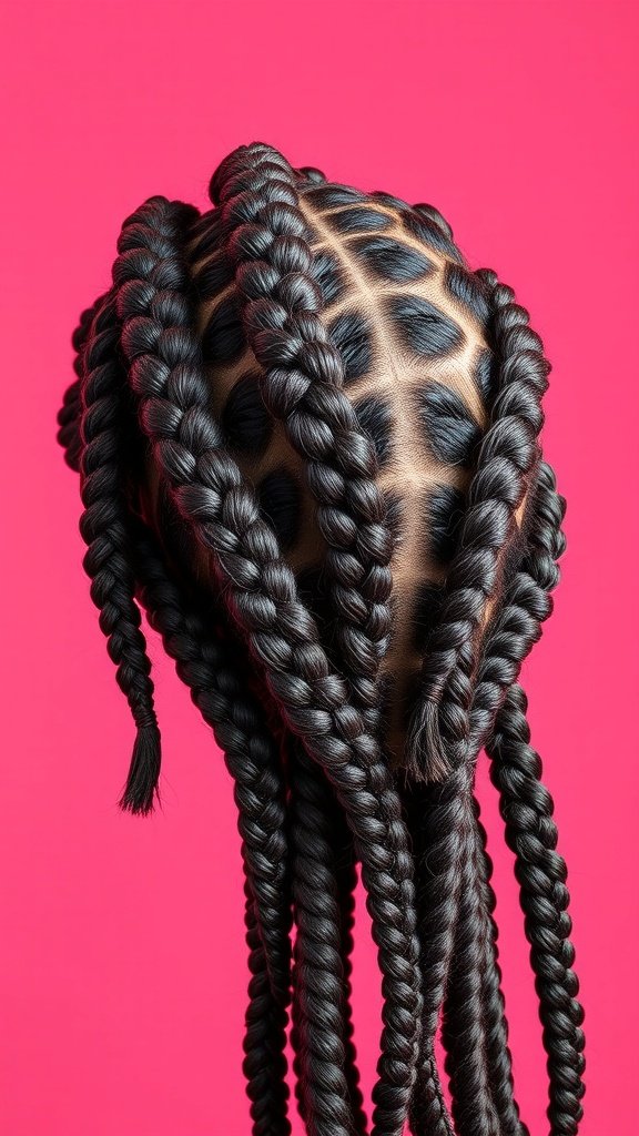 A close-up view of small knotless box braids styled in an intricate pattern against a pink background.