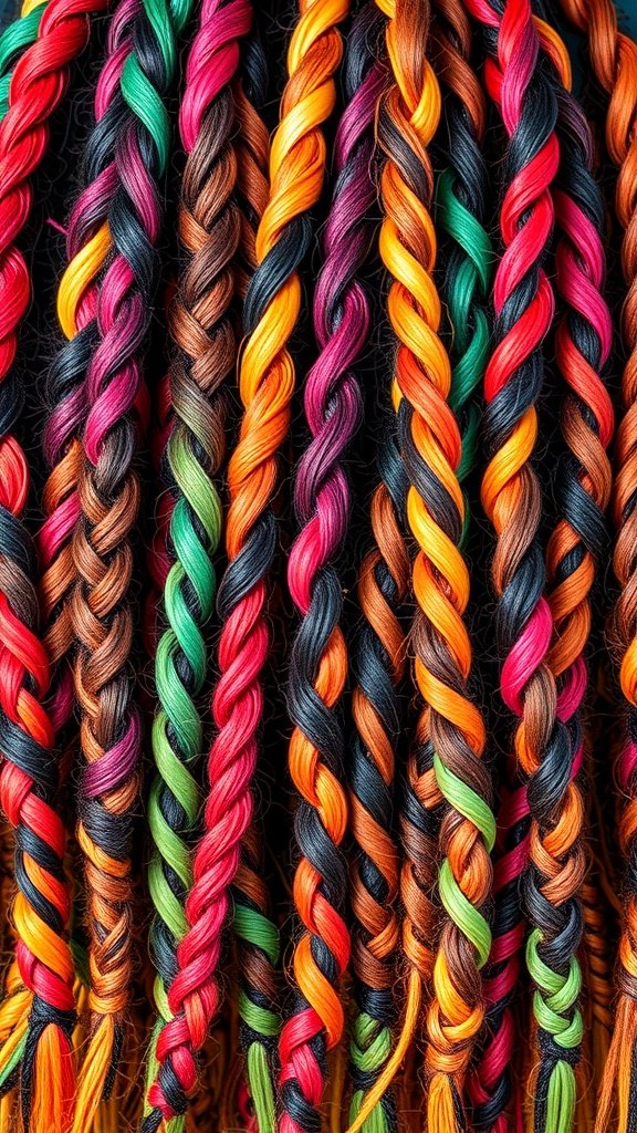 Colorful knotless braids in various shades including red, orange, green, and black.