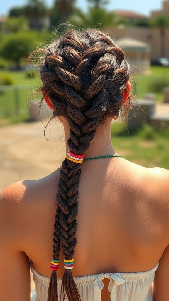 A woman with long boho knotless braids adorned with colorful beads, showcasing a stylish and protective hairstyle.