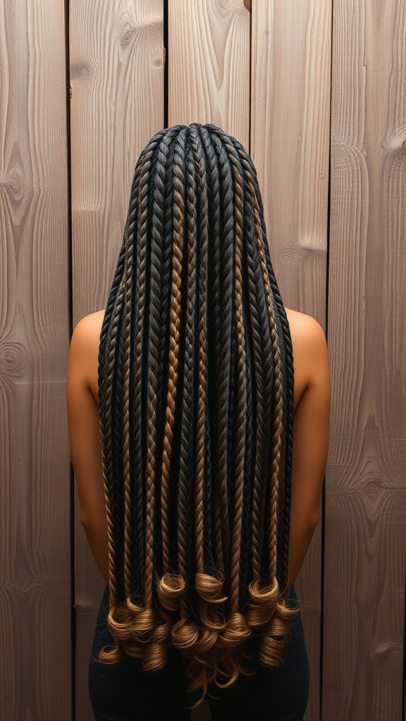 Long boho knotless braids with curls, showcasing a blend of colors against a wooden background.