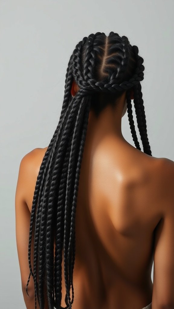 A woman with long knotless braids styled elegantly down her back.