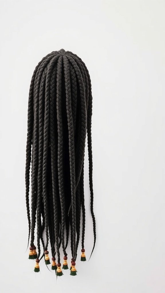 Long black knotless braids with colorful beads at the ends