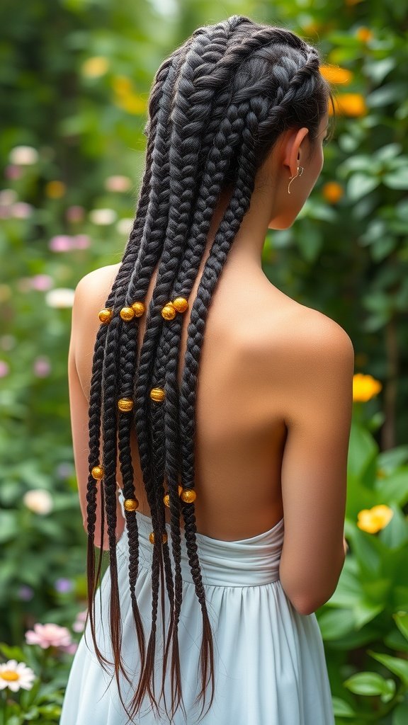 A woman with long knotless braids decorated with golden beads, standing in a garden.