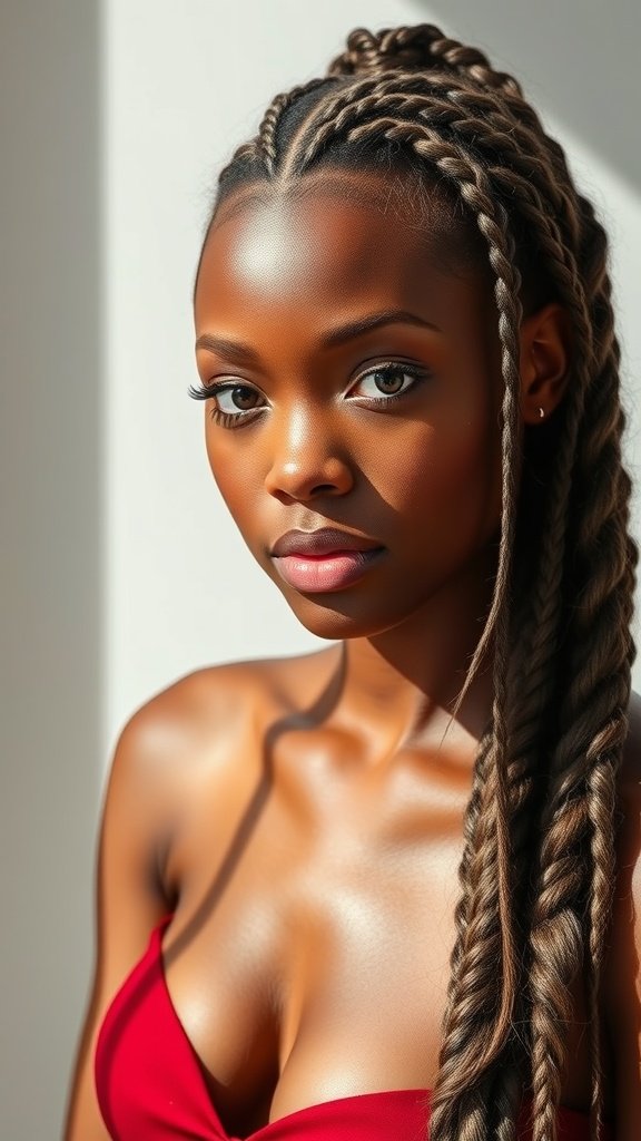 A model with long knotless braids featuring highlights, showcasing a stylish and elegant look.