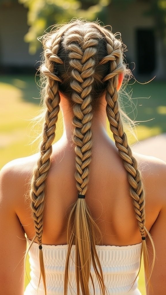 A woman with long knotless braids styled with highlights, showcasing a protective hairstyle.