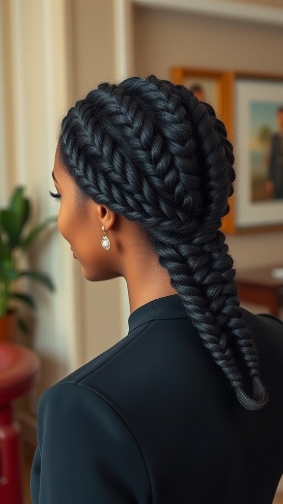 A woman with a low chignon hairstyle made from knotless box braids, showcasing a sleek and elegant look.