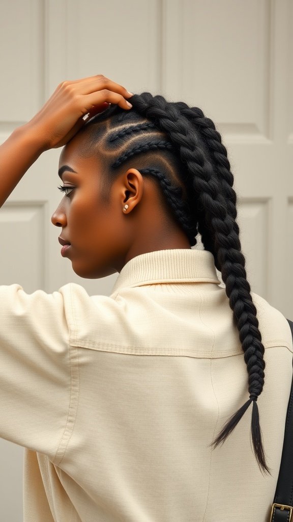 A woman showcasing medium knotless braids styled in a side part.