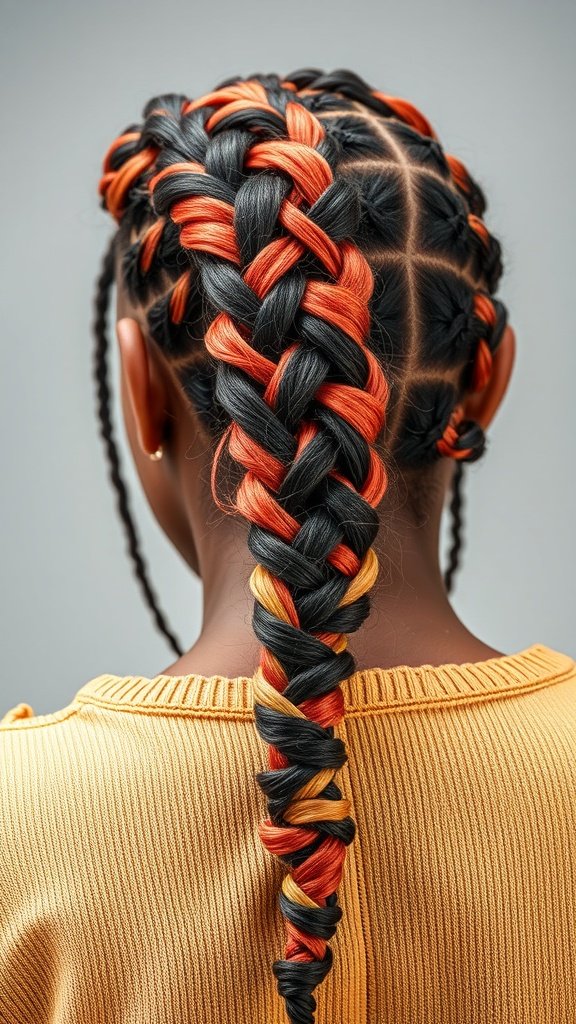 A close-up view of a person's back showing colorful knotless braids in black and orange.