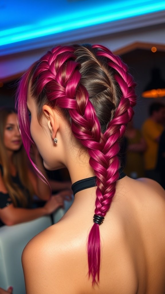 A person with vibrant magenta knotless braids styled in two braids, showcasing a trendy hairstyle.