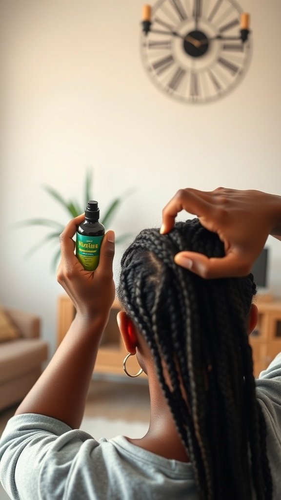 A person applying oil to their big knotless box braids in a cozy living room setting.