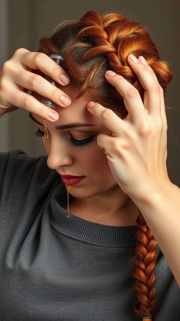 A close-up of a woman applying oil to her ginger knotless braids, showcasing a vibrant hairstyle.