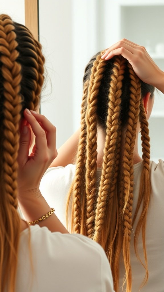 A person looking at their honey blonde knotless braids in a mirror, showcasing the neat and stylish appearance.