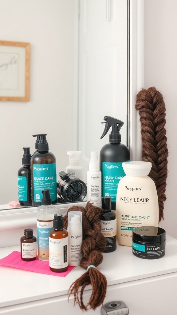 A collection of hair care products for maintaining honey blonde knotless braids, including conditioners and sprays.