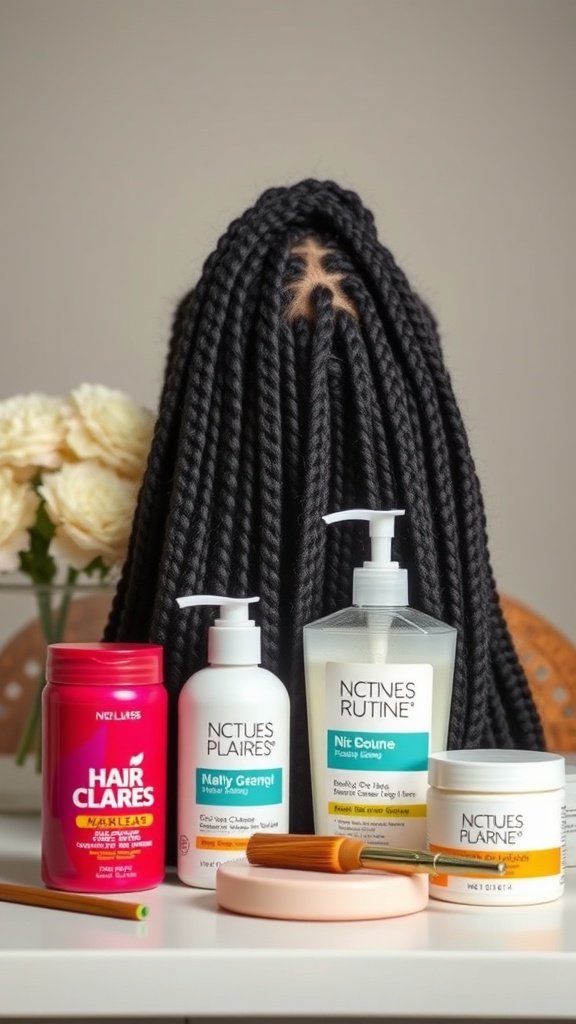 A mannequin with knotless box braids surrounded by hair care products.