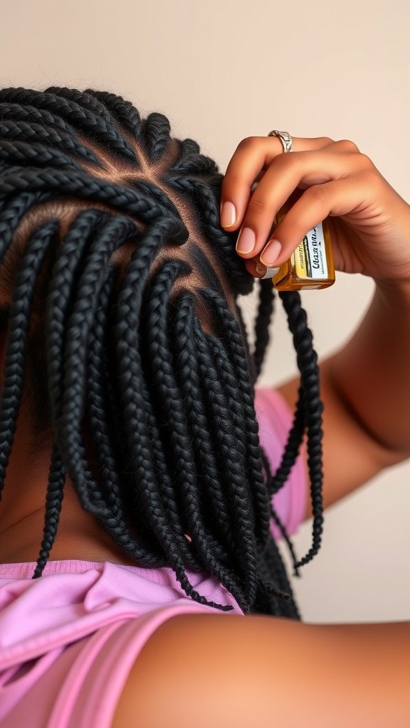 A close-up of a person applying oil to their scalp while maintaining knotless box braids.
