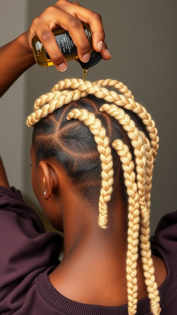 A close-up of a person applying oil to their blonde knotless box braids, showcasing the importance of hair care.