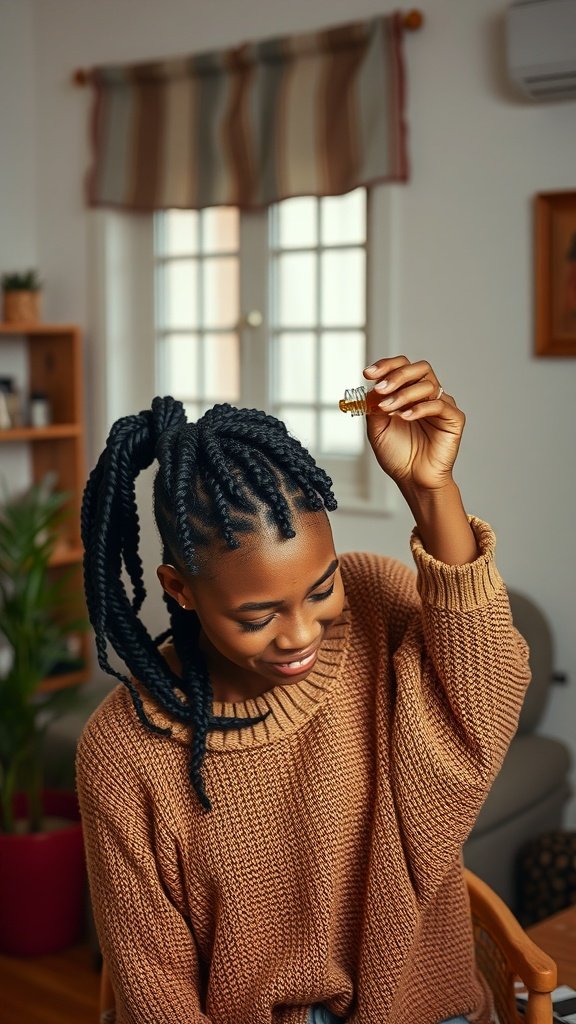 A person with knotless braids holding a hair accessory, showcasing a stylish look.