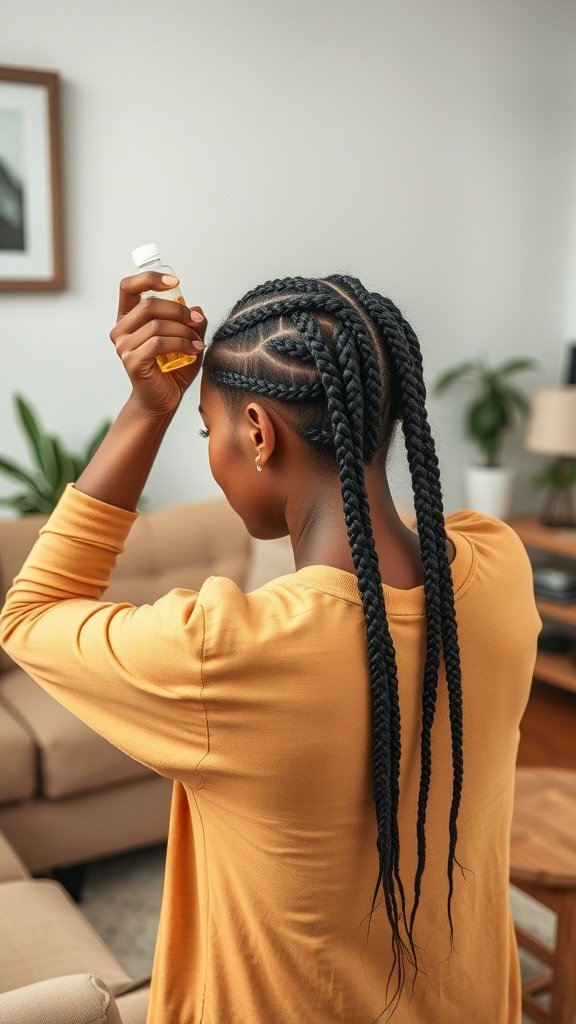 A person applying oil to their medium boho knotless braids.