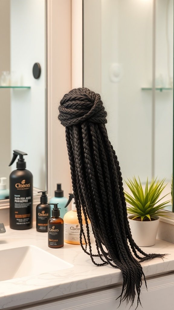 A set of long knotless braids styled elegantly in a bathroom setting with hair care products in the background.