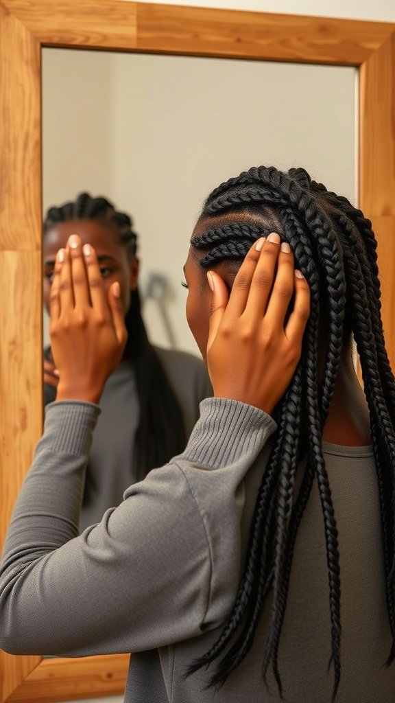 A person with long knotless braids looking in the mirror, showcasing their hairstyle.