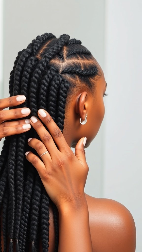 Close-up of a person with knotless braids, showcasing the neatness and style of the hairstyle.