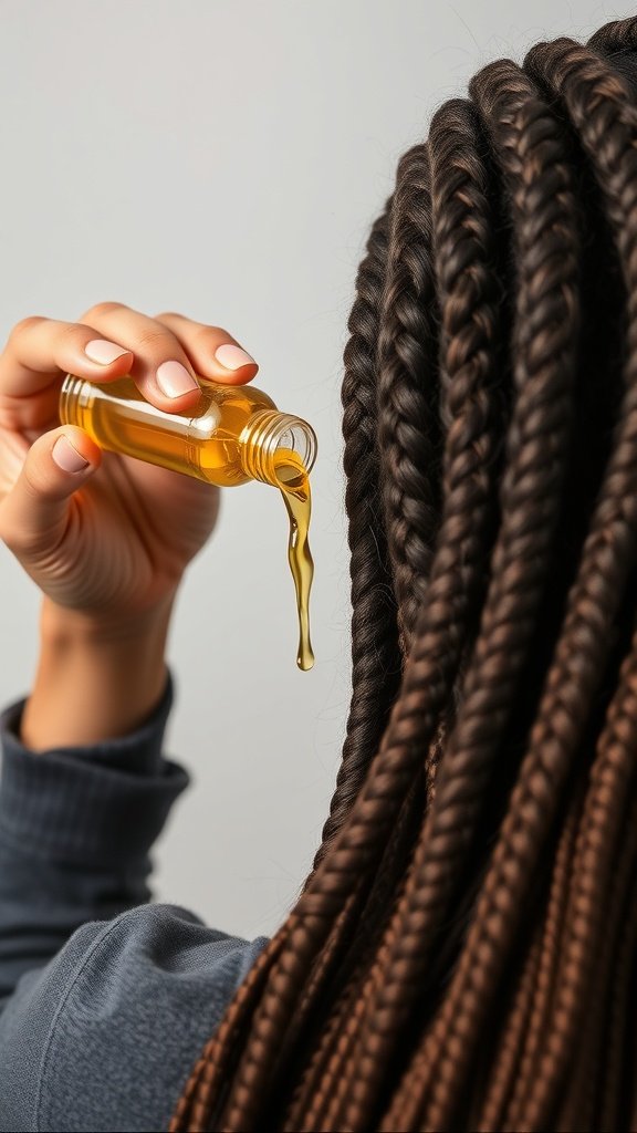 A person pouring oil onto their brown knotless braids, demonstrating hair care.