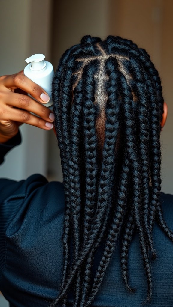 A person applying product to their knotless braids, showcasing maintenance for healthy curls.