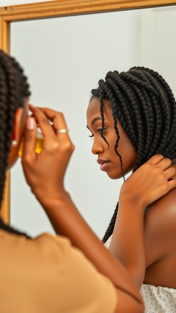 A person applying oil to their knotless twist braids while looking in a mirror.