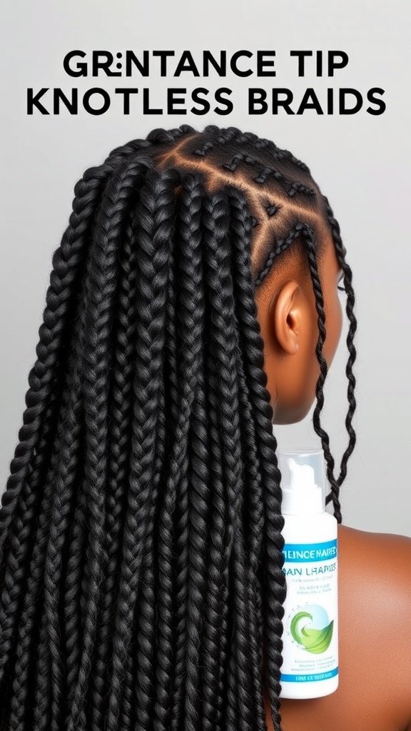 A model showcasing long knotless braids with a hair product for maintenance.